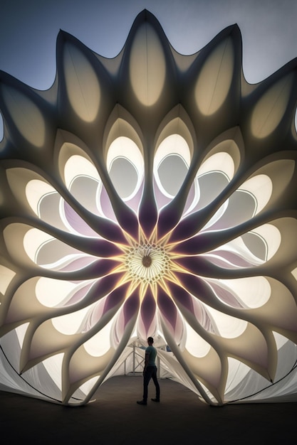 Een man staat onder een groot bloemenpatroon dat door de kunstenaar is gemaakt.