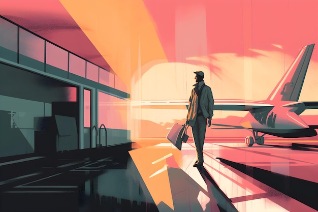 Een man staat op de luchthaven met vliegtuig op de achtergrond