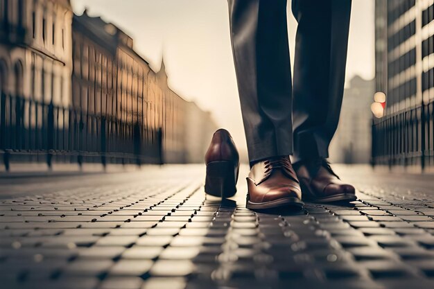 een man staat op de stoep met zijn schoenen erop.