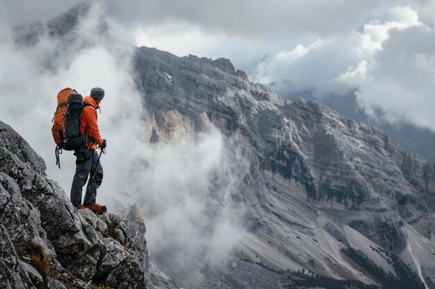 Een man staat op de top van een berg en kijkt naar de wolken.