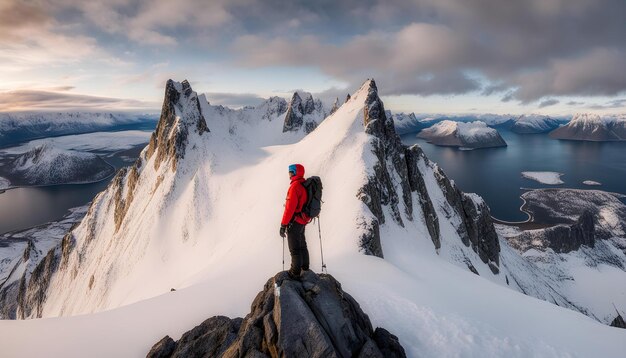 een man staat op een berg met een rugzak op zijn rug