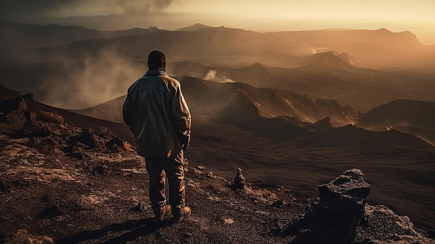 Een man staat op een berg met uitzicht op een vallei met een zonsondergang op de achtergrond.
