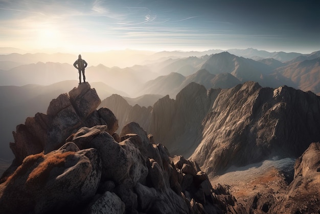 Een man staat op een bergtop en kijkt uit naar de zonsondergang.