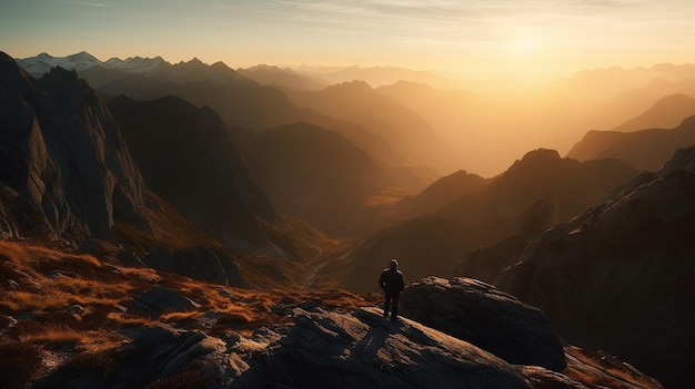 Een man staat op een bergtop in de bergen bij zonsondergang