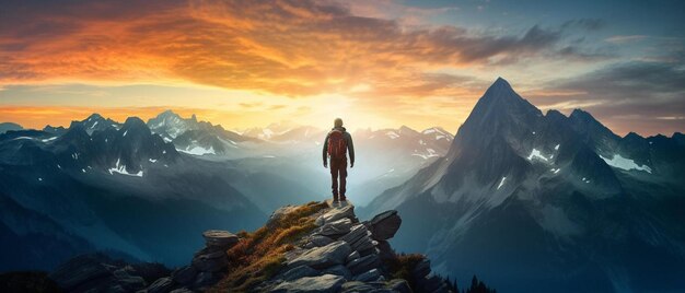 Een man staat op een bergtop met bergen op de achtergrond
