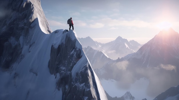 Een man staat op een bergtop met bergen op de achtergrond.