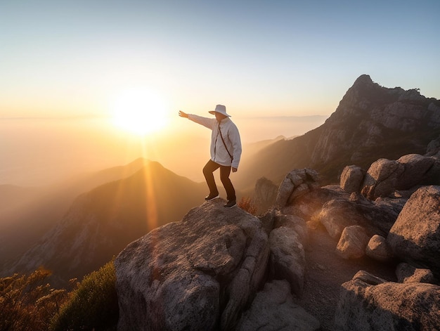 Een man staat op een bergtop met de ondergaande zon achter hem.