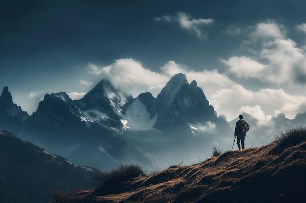 Een man staat op een bergtop met een bewolkte lucht achter hem.