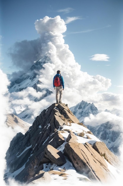 Een man staat op een bergtop met een rugzak op zijn rug.