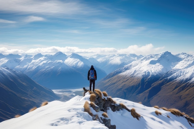 Een man staat op een besneeuwde bergtop met bergen op de achtergrond.