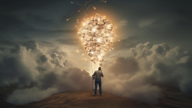 Een man staat op een heuvel in de wolken en kijkt omhoog naar een gloeiend licht dat 'het woord' erop zegt