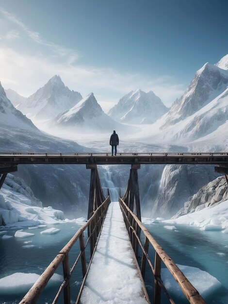 Foto een man staat op een ijsbrug.