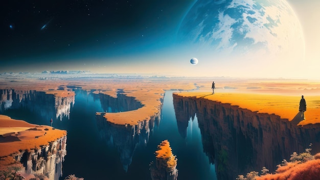 Een man staat op een klif en kijkt naar een planeet met de maan op de achtergrond