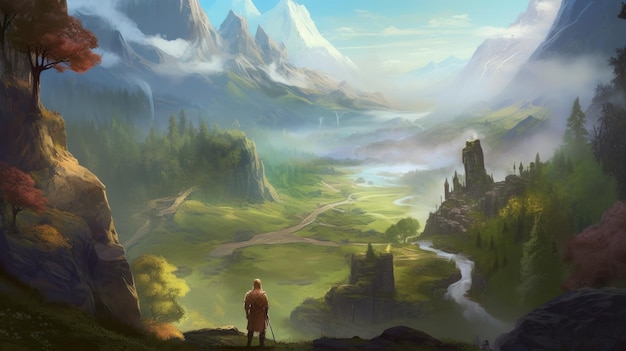 Een man staat op een klif en kijkt uit over een berglandschap met in de verte een kasteel.