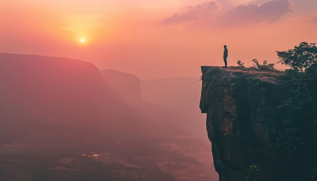 Een man staat op een klif met uitzicht op een stad bij zonsondergang