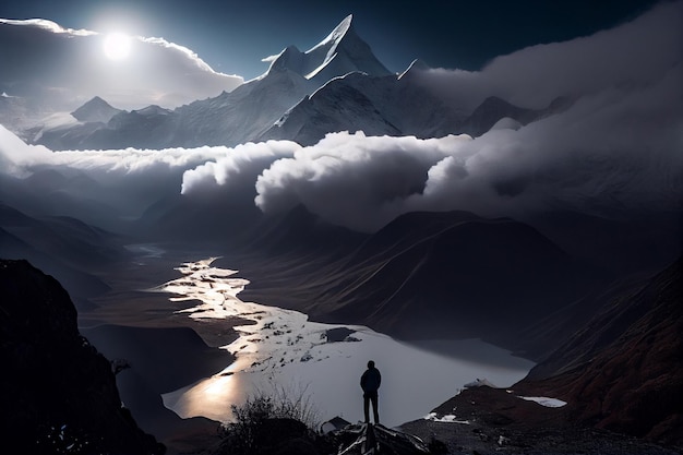 Een man staat op een klif voor een berg met de maan achter hem.