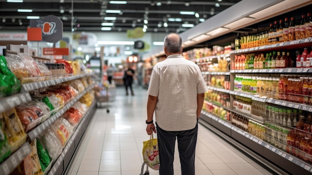 Een man staat op een kruideniersmarkt boodschappen uit te zoeken