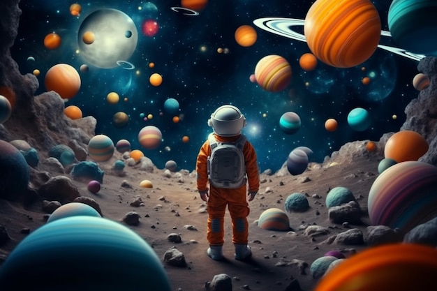 Een man staat op een maan en kijkt naar planeten.