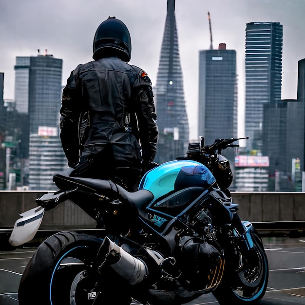Een man staat op een motorfiets voor de skyline van een stad.