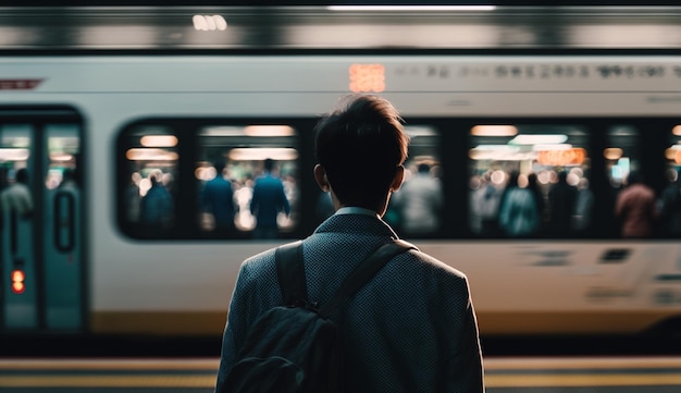 Een man staat op een perron met een trein waarop 'bus stop' staat