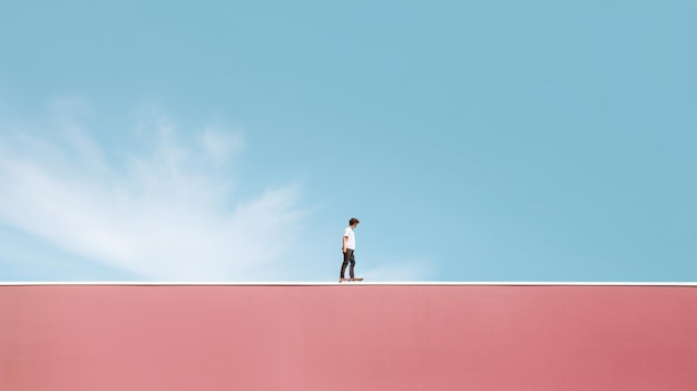 Een man staat op een rood dak met een blauwe lucht achter hem.