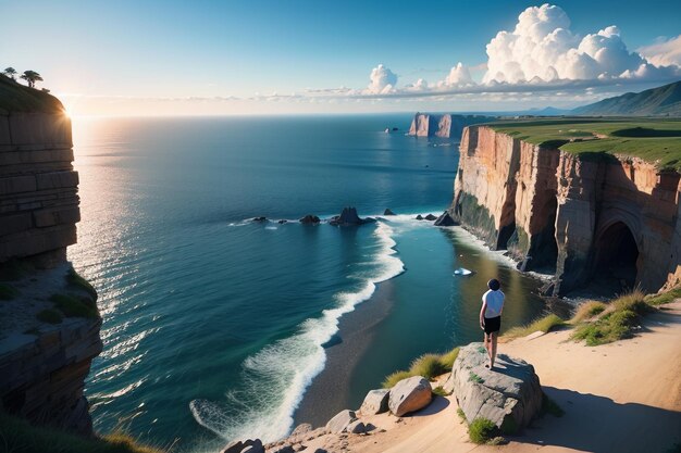 Een man staat op een rots en kijkt uit over de oceaan.