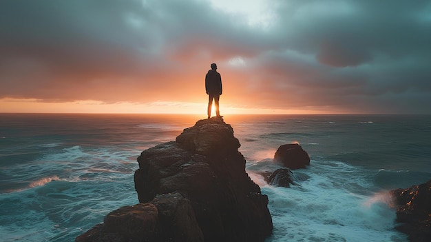 Een man staat op een rots met uitzicht op de oceaan bij zonsondergang