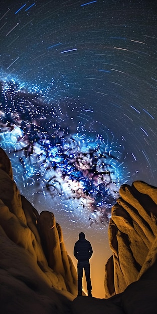 Een man staat op een rots onder een sterrenhemel.