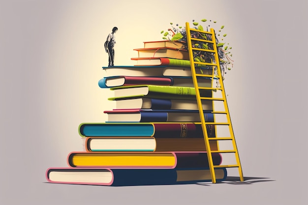 Een man staat op een stapel boeken met een ladder waarop 'het woord lezen' staat