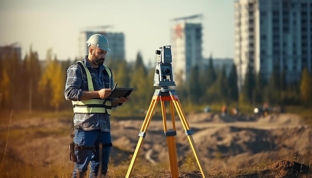 Foto een man staat op een statief met een camera erop