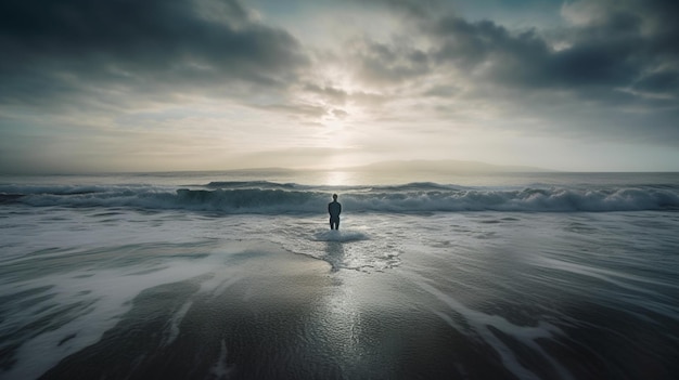 Een man staat op een strand en kijkt uit over de zee.