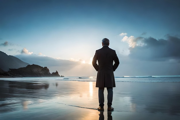 Een man staat op een strand en kijkt uit over de zee.