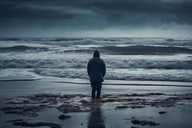 Foto een man staat op een strand met de oceaan op de achtergrond.