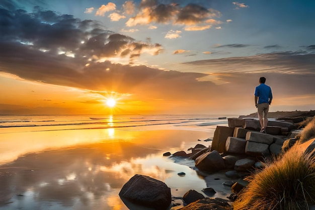 Foto een man staat op een strand met een zonsondergang op de achtergrond