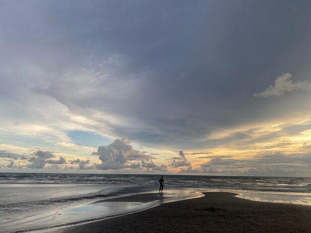 Een man staat op een strand voor een bewolkte hemel.