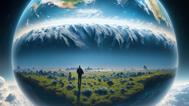 Foto een man staat op een veld met een planeet op de achtergrond.