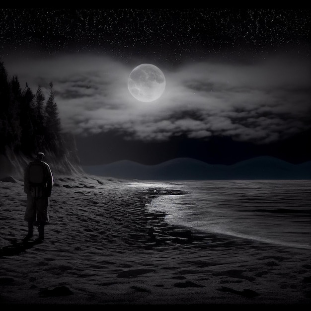 Een man staat op het strand bij volle maan.