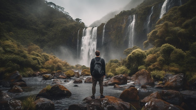 Een man staat op rotsen voor een waterval in Nieuw-Zeeland.