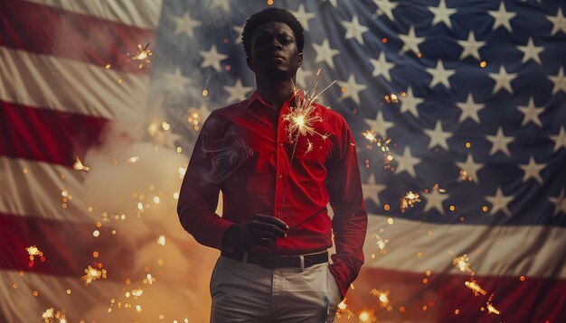 Foto een man staat voor een amerikaanse vlag met een aansteker en een vonk