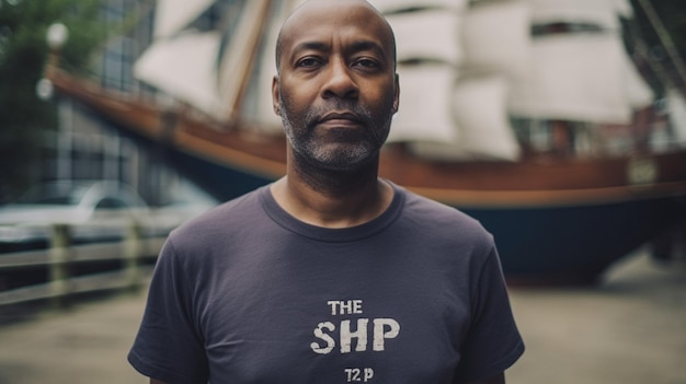 Een man staat voor een boot in een haven en draagt een marineblauw hemd met de tekst het schip 12 p.
