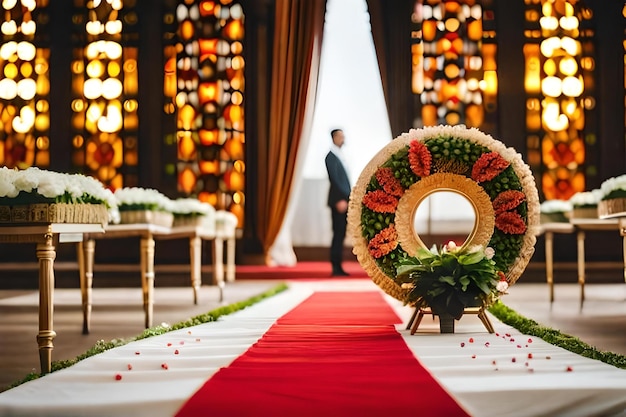 Foto een man staat voor een bruiloftstafel met bloemen en een grote krans erop.