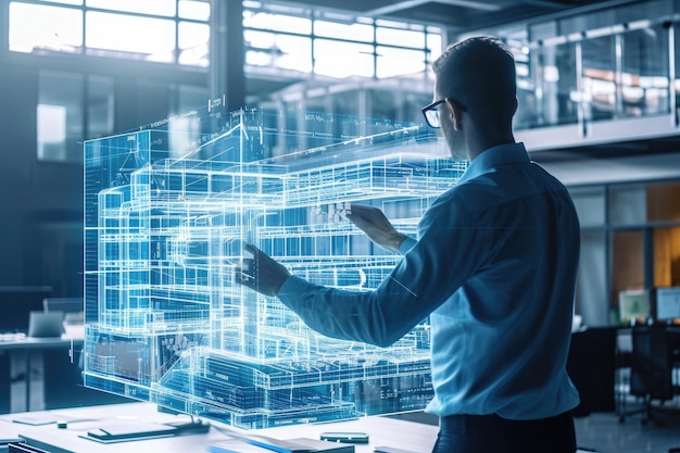 Een man staat voor een computerscherm, verdiept in zijn werk. Een architect gebruikt holografische technologie om een gebouw te ontwerpen.