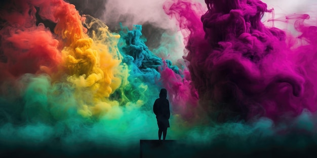 Een man staat voor een kleurrijke, met rook gevulde lucht.
