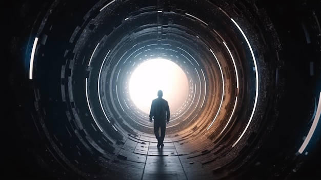 Een man staat voor een licht aan het einde van een tunnel