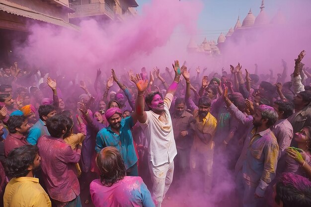 Foto een man staat voor een menigte mensen met een holi poeder in de lucht