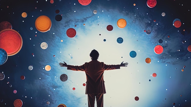 Foto een man staat voor een poster dat zegt dat het universum als planeten is.