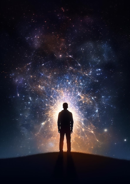 Foto een man staat voor een sterrenstelsel met de woorden 'starlight' erop