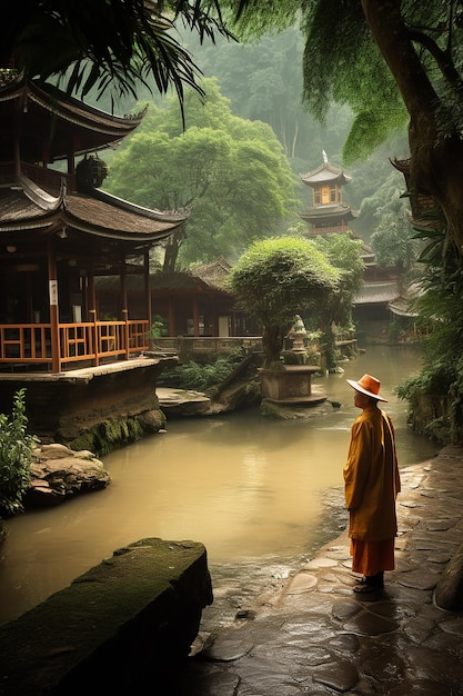 Een man staat voor een tempel met een tempel op de achtergrond.