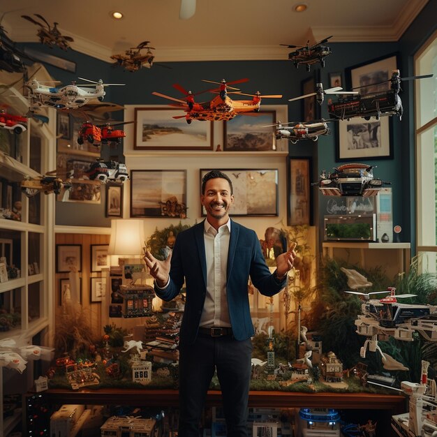 Foto een man staat voor een tentoonstelling van speelgoedvliegtuigen.