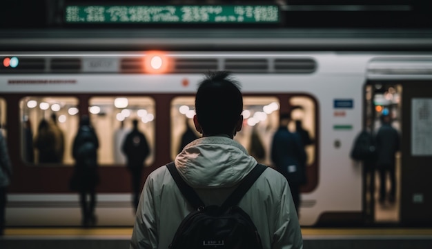 Een man staat voor een trein met een bord waarop 'shibuya' staat